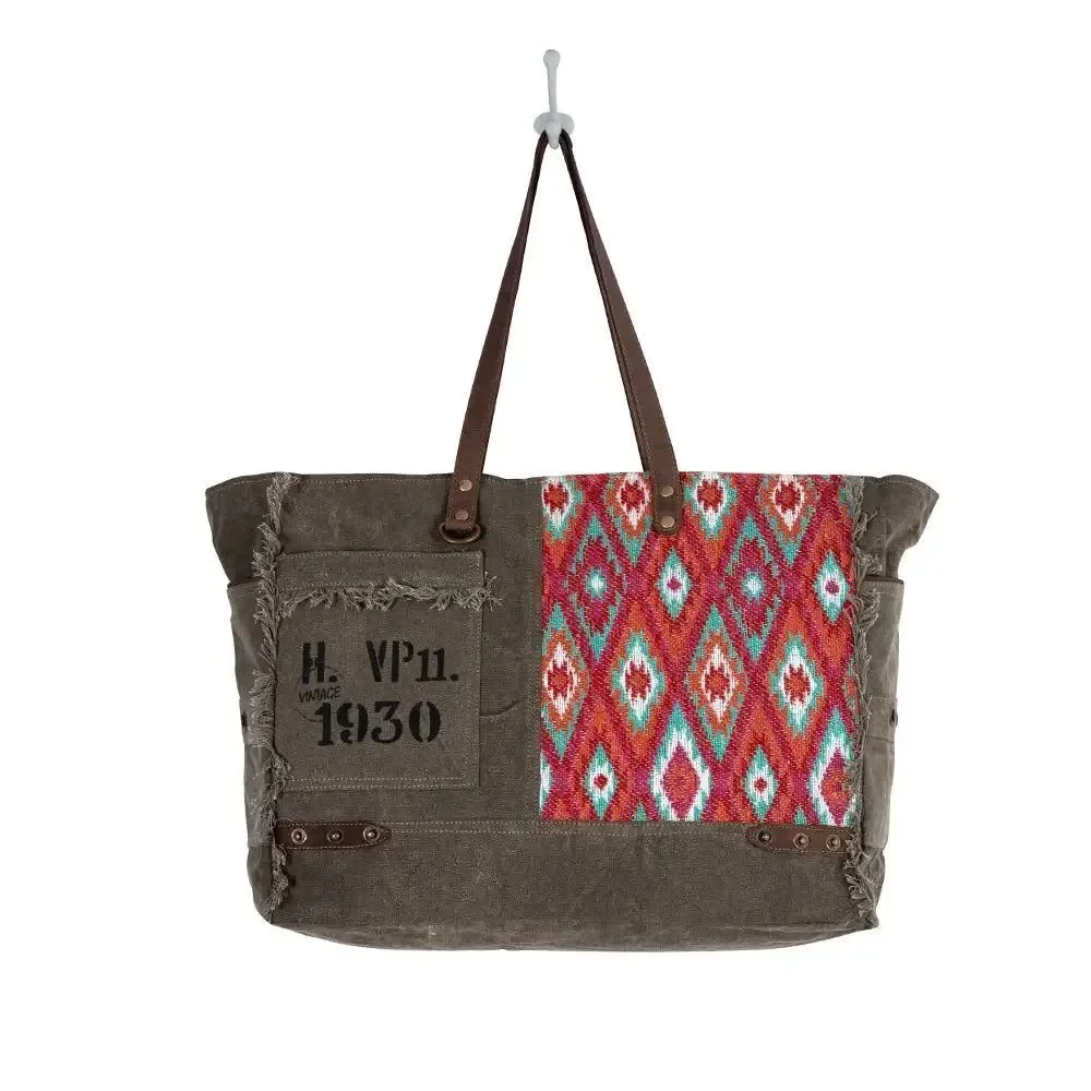 Myra Bag Handmade High Trails Weekender Bag Upcycled Canvas & Cowhide Leather